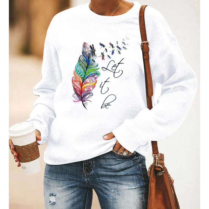 Let It Be Feather Print Long-sleeved Crew-neck Hoodie Sweatshirts Clothes Aesthetic Harajuku Sweatshirt Tops