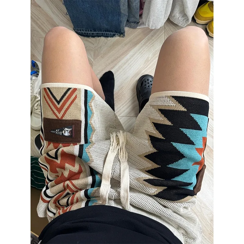 

Свободные брюки с вышивкой в стиле ретро, American Navajo, пляжная одежда длиной пять четвертей для мужчин и женщин, летние повседневные прямые брюки