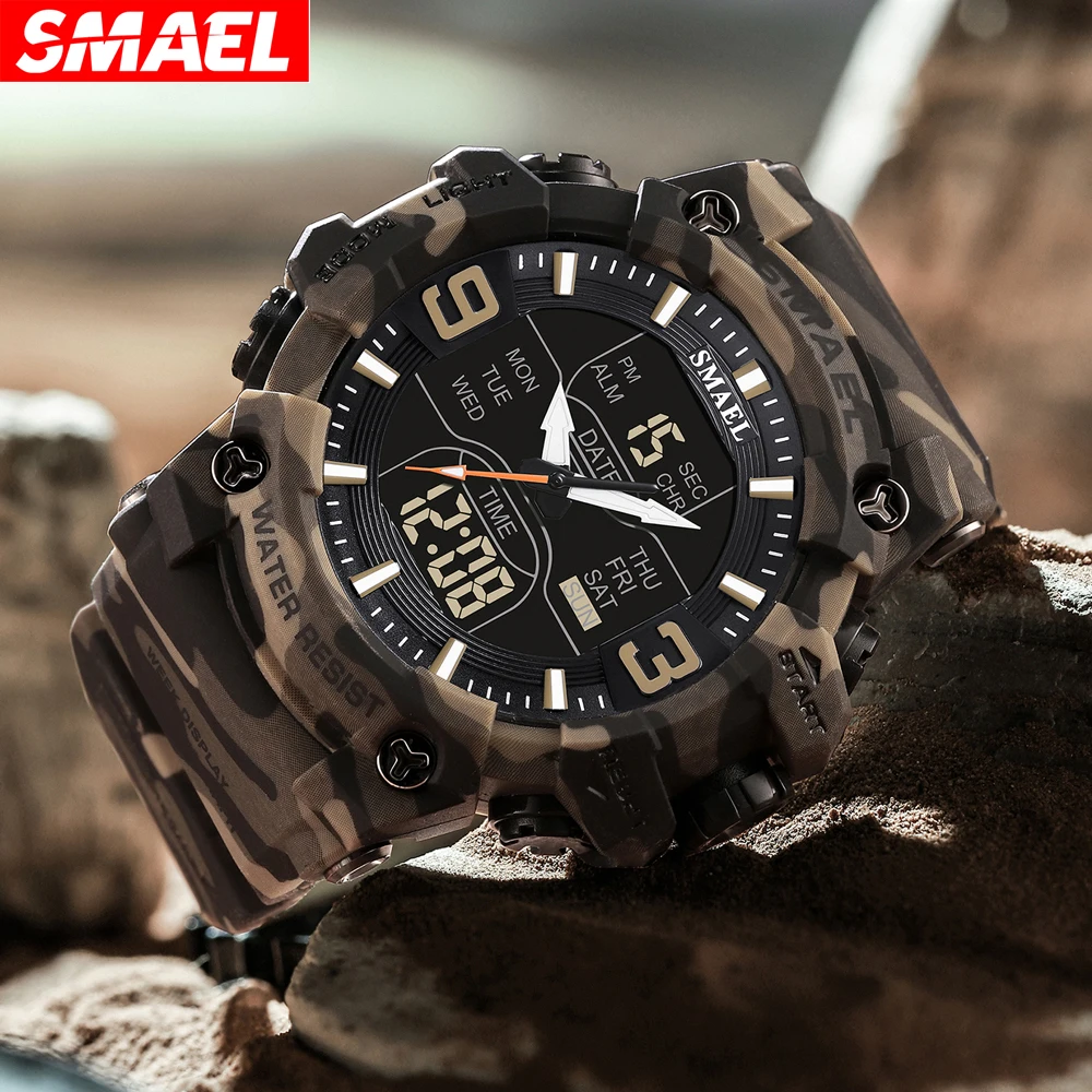 SMAEL Watch for Men Alarm Sport Stopwatch Camouflage Army Military Wristwatch Dual Time Display Digital Quartz Mens Watches 8049