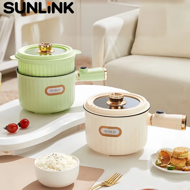 1pc 220V Electric Cooking Pot Non-Stick Mini Pot Long Handle Portable Electric Skillet Rice Cooker for Dorm Home Boil Fry Stew
