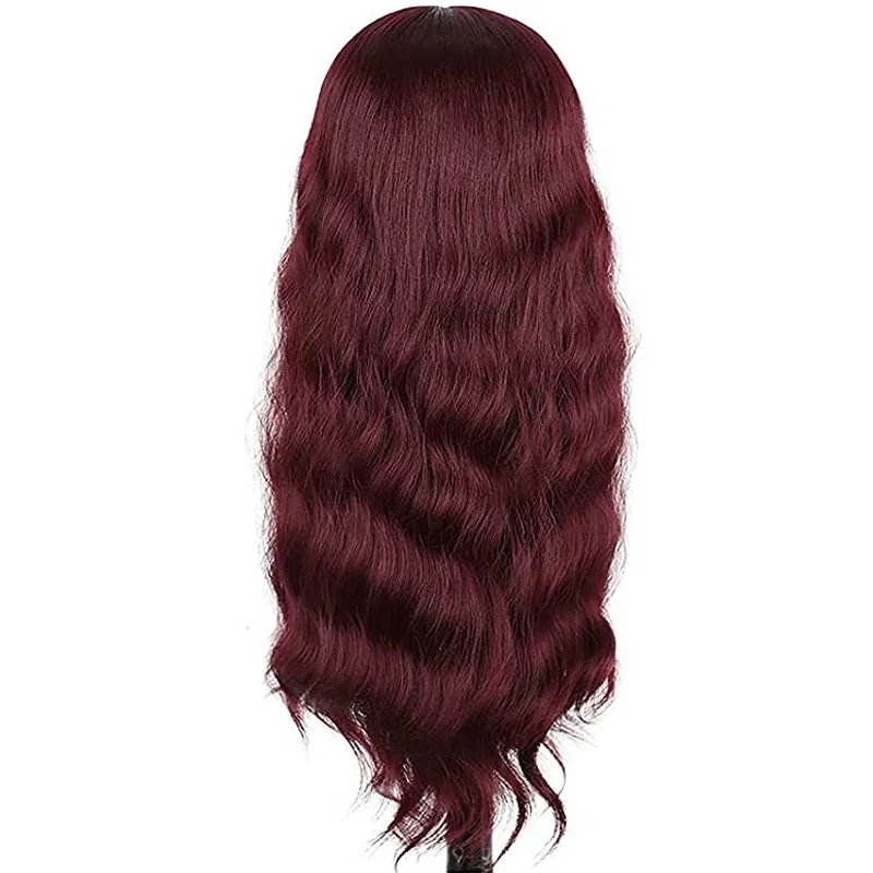 Peluca de cabello largo y rizado para mujer, pelo rojo vino, ondulado, con flequillo limpio, diadema de fibra sintética, gran oferta