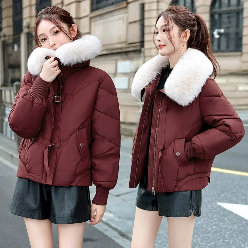 2025 Fashion Big Fur Collar Winter Parkas Women's Short Cotton-padded Jacket Thicken Warm Coat Streetwear Lady Loose Outerwear