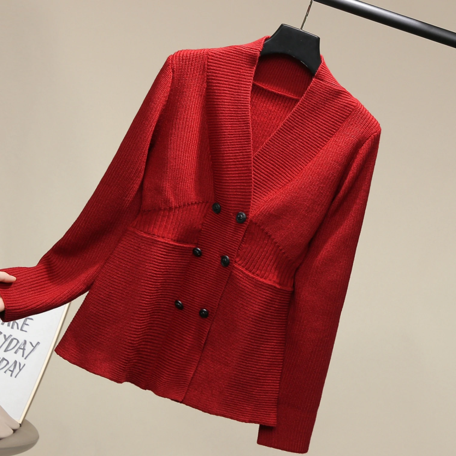 

Модный кардиган с V-образным вырезом и двойной застежкой, универсальный вязаный топ для осени и зимы, новинка для повседневной носки