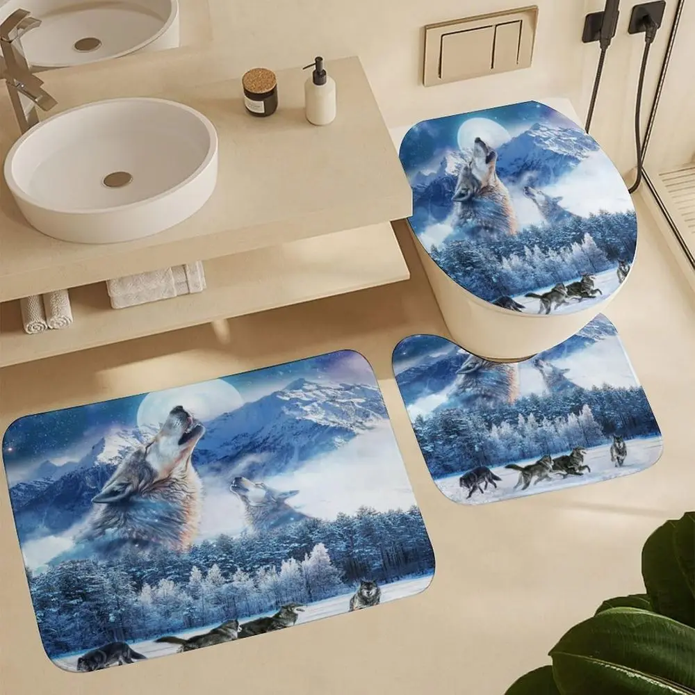 Juego de cortina de ducha Fantasy Forest Galaxy Wolf con lobos de montaña nevados, alfombras antideslizantes, cubierta para tapa de inodoro y alfombrilla de baño