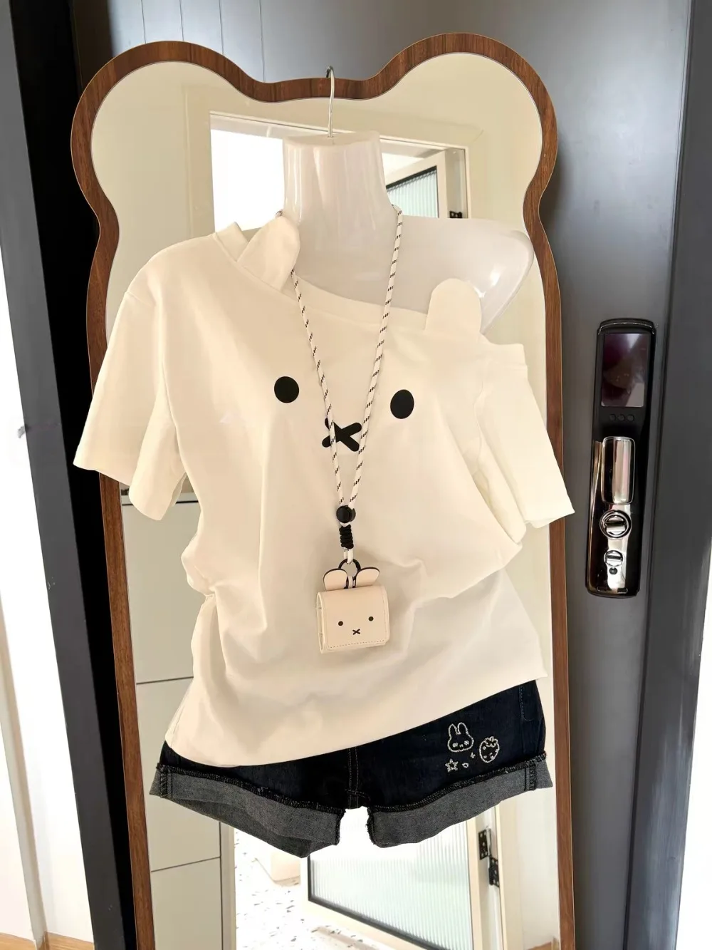 Cute Miffy Slanted Shoulder Short-sleeved T-shirt Three-dimensional Bunny Ears Irregular Pleated Waist Home Service Thin Top
