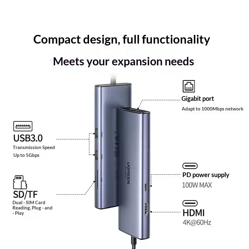UGREEN 60515 Expansion Dock Laptop Docking Stations,Supports 3.0 High‑Speed Transfer, Theoretical Rate 5Gbps Pd100W Fast Charge
