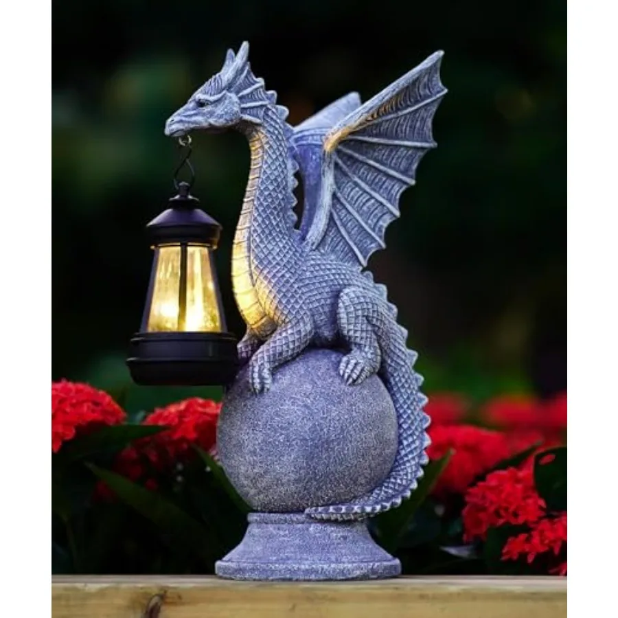 Solar Garden Dragon Statue: Outdoor Figurine with Lantern Lights Weatherproof Resin Decorations for Home Yard Lawn Porch Balcon