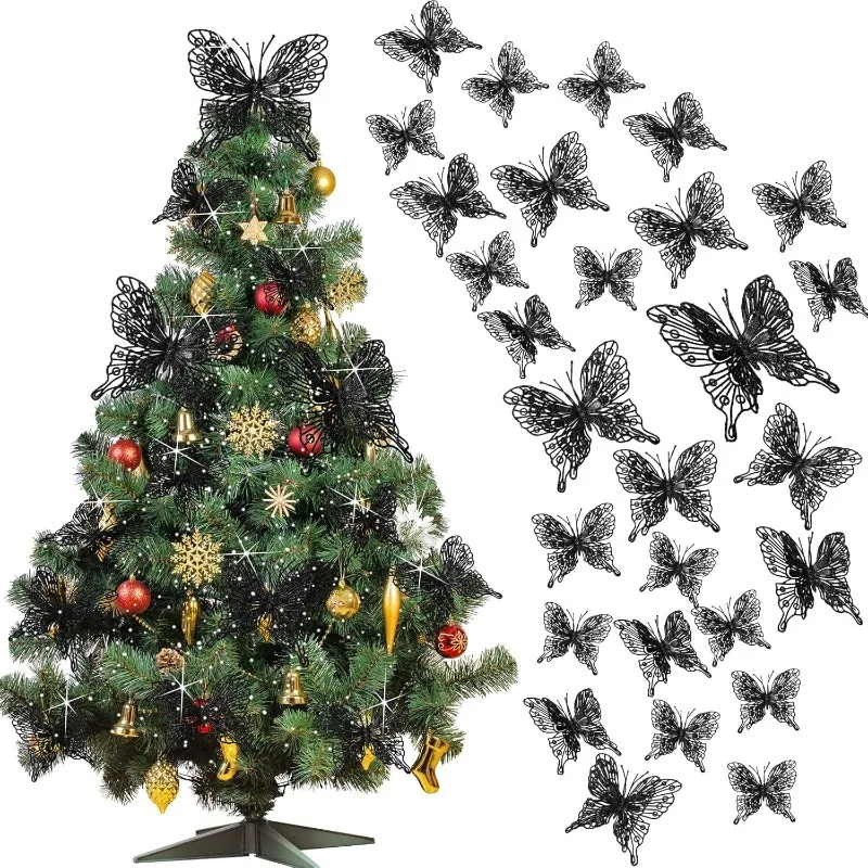 5/10 Stück glitzernde Schmetterlinge, Weihnachtsdekoration, Weihnachtsbaum, funkelnde Schmetterlinge, hängende Ornamente, Heimdekoration, Neujahr 2025, Geschenk – Detail 11