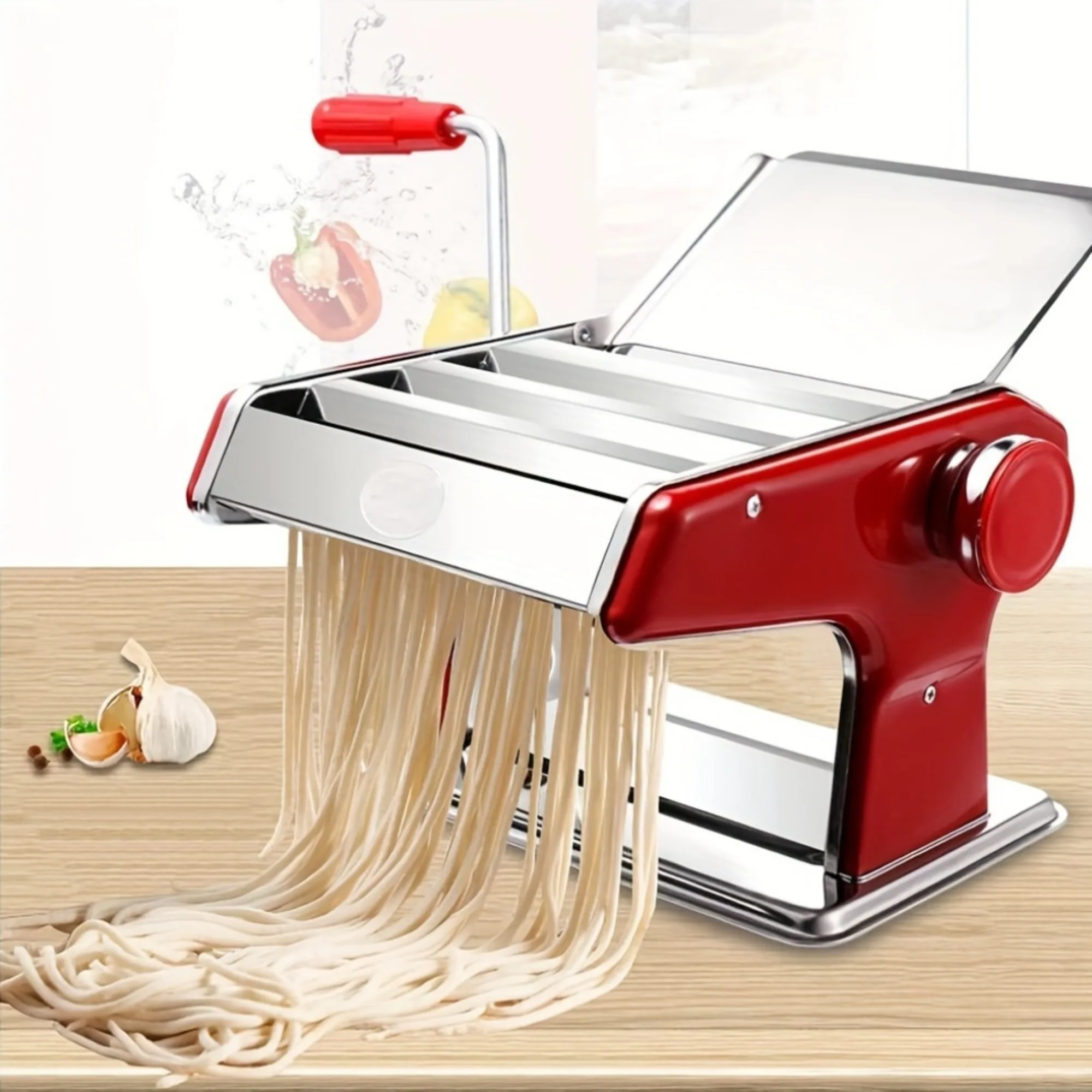 Manual Pasta Maker Machine with 6 Adjustable Thickness Settings - Hand Crank, Double Cutter Roller for Spaghetti Fettuccine Nood