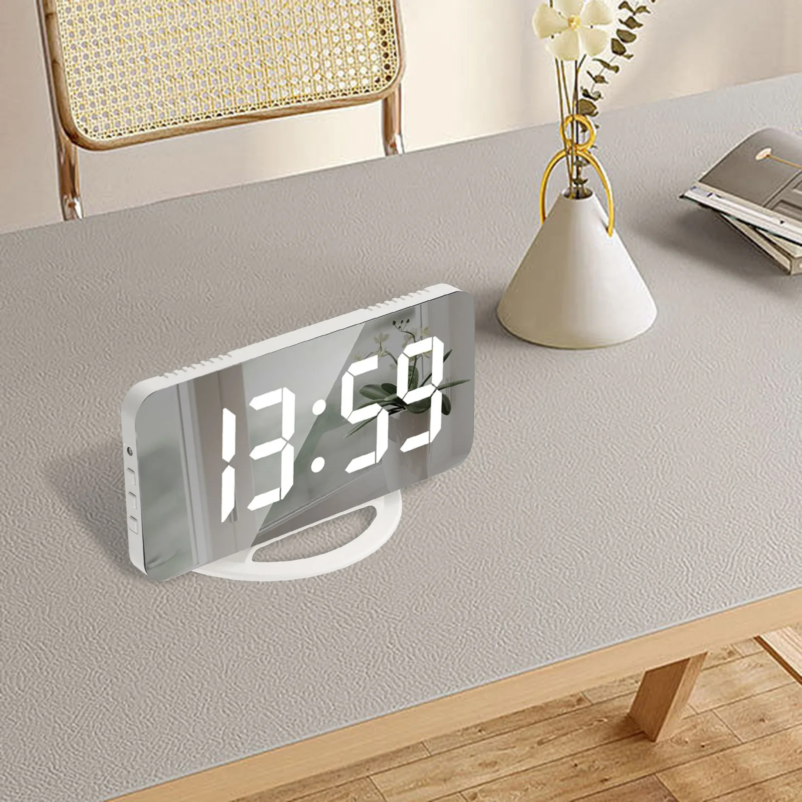 Adjustable Brightness LED Mirror Clock Customizable Brightness Levels Memory Function Powerful Bed Shaker LxWxH 15.8x1.3x7.8cm