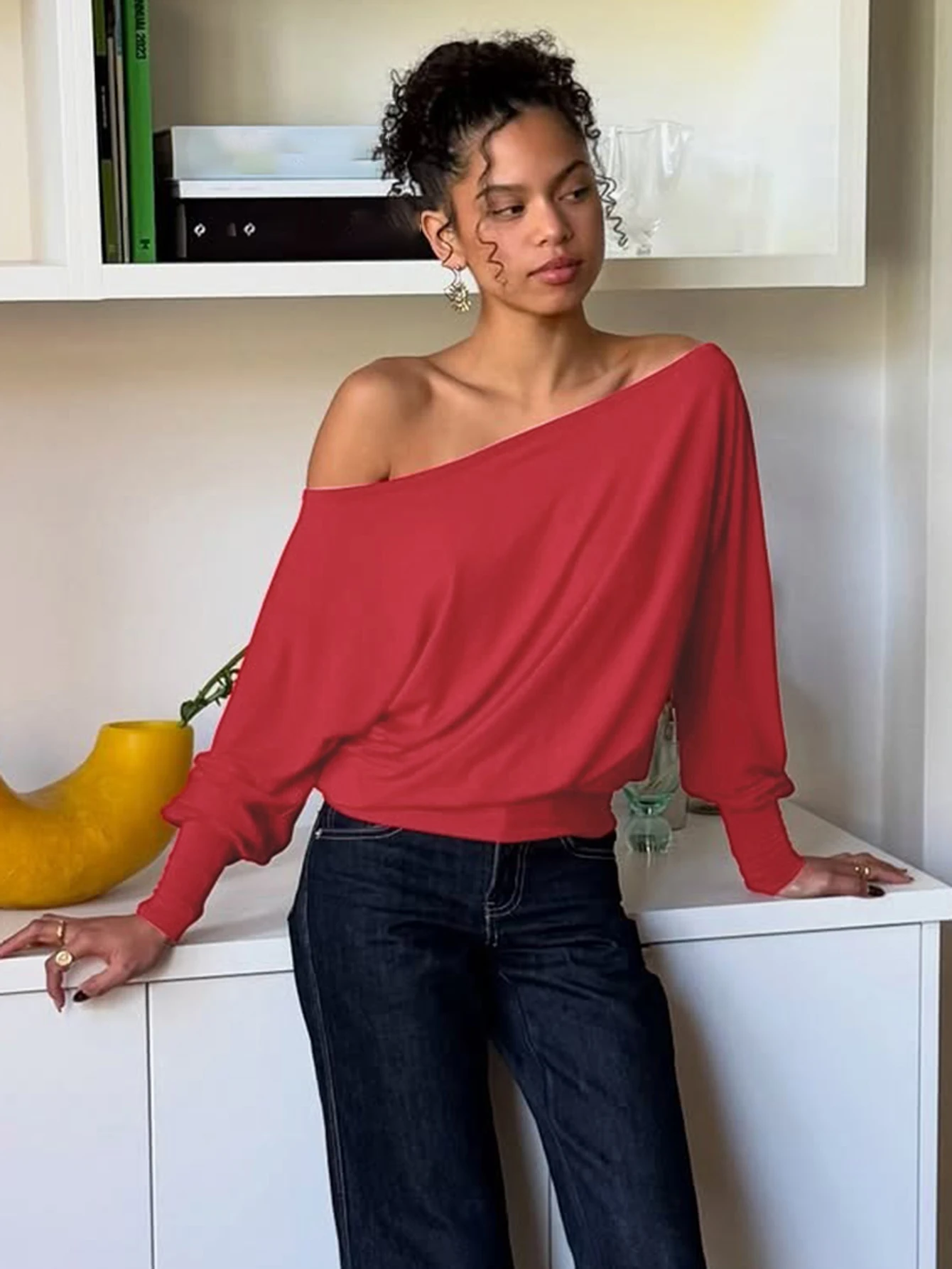 Hugcitar Elegante Slash Neck Langarm Backless Geraffte Sexy Lose T-Shirt Top Frauen Mode Outfits Streetwear Party Club