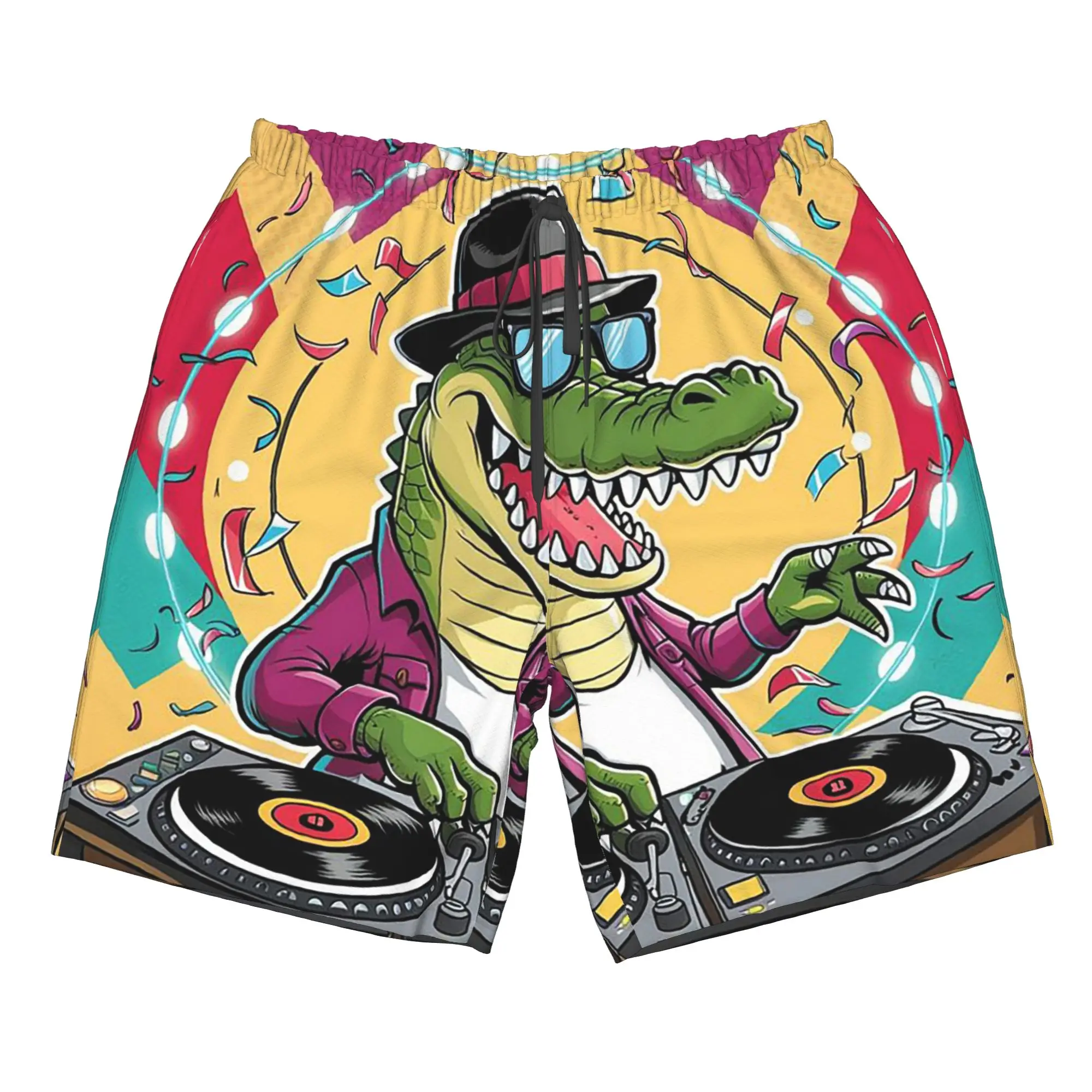 Cartoon Crocodile DJ Party Design Trunks Beach Board Shorts Casual Quick Dry Swimming Summer Men Pants