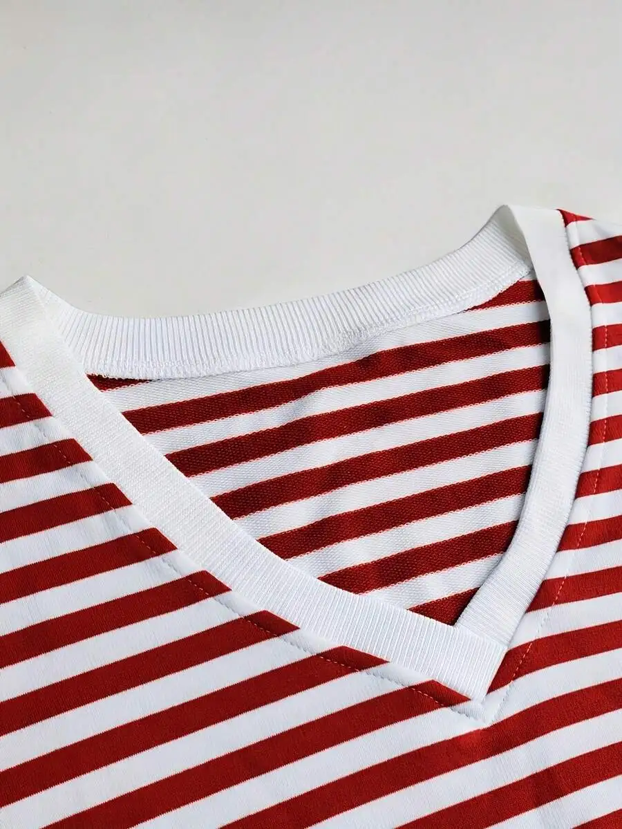 Women Red Striped V-Neck Long Sleeve Sleep Top Knit Pajama Set Spring Summer Comfortable Loungewear