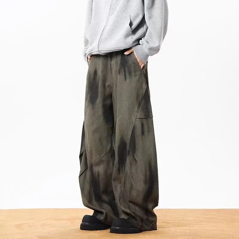 Trendy Pleated Wide Leg Cargo Pants Mens American Hip-hop Silhouette Design Washed Cowboy Overalls Unisex High Street Jeans