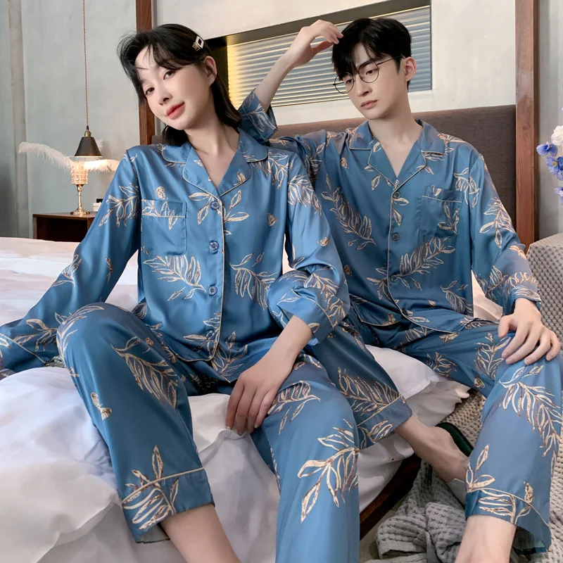 

Women Pajama Set Silk Couple Pajamas Print Pyjamas Ice Silk Pijama pjs Sleepwear Long Sleeve Shirt Pants Homewear Loungewear