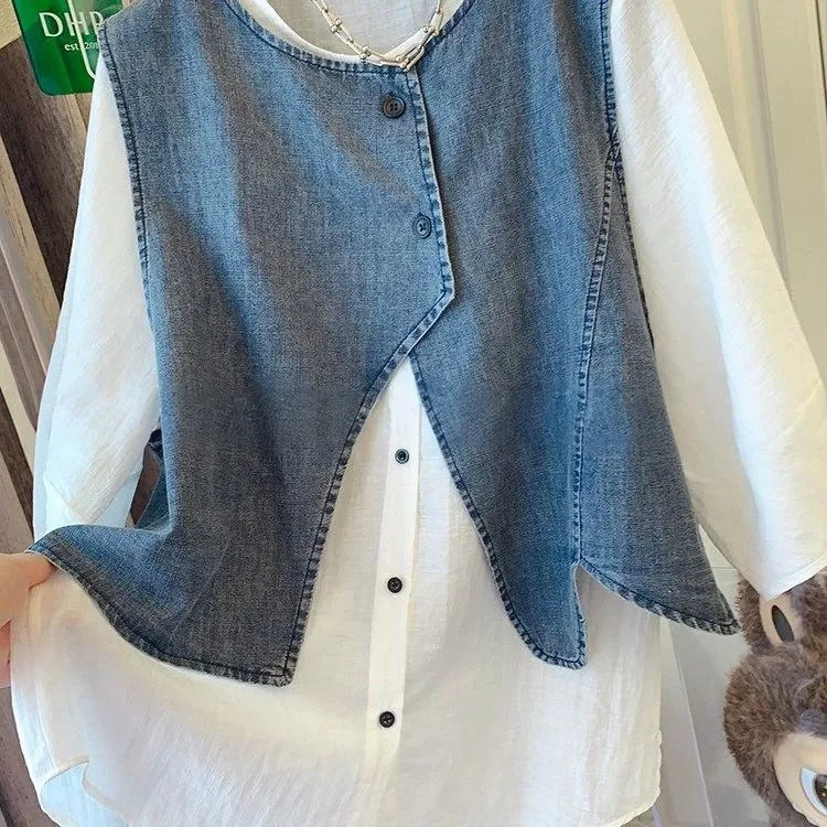 

Summer Loose Fit Men's Denim Vest Short Sleeve T-Shirt Shirt Patchwork Design Breathable Cotton Casual Style round Neck Butto...