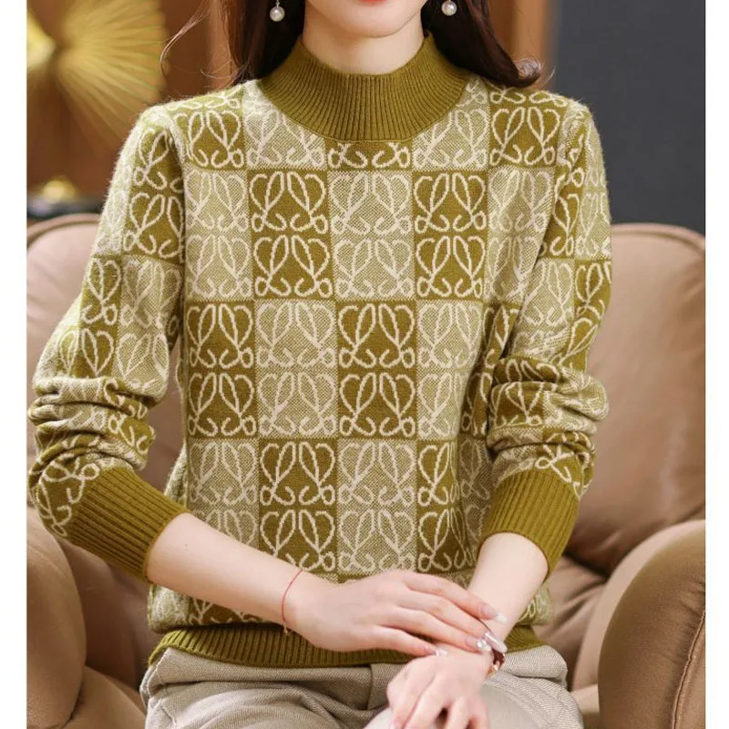 New Autumn/Winter Fashion Trend Colorblock Printing Half High Neck Loose Versatile Western Commuter Long Sleeve Women\'s Sweater