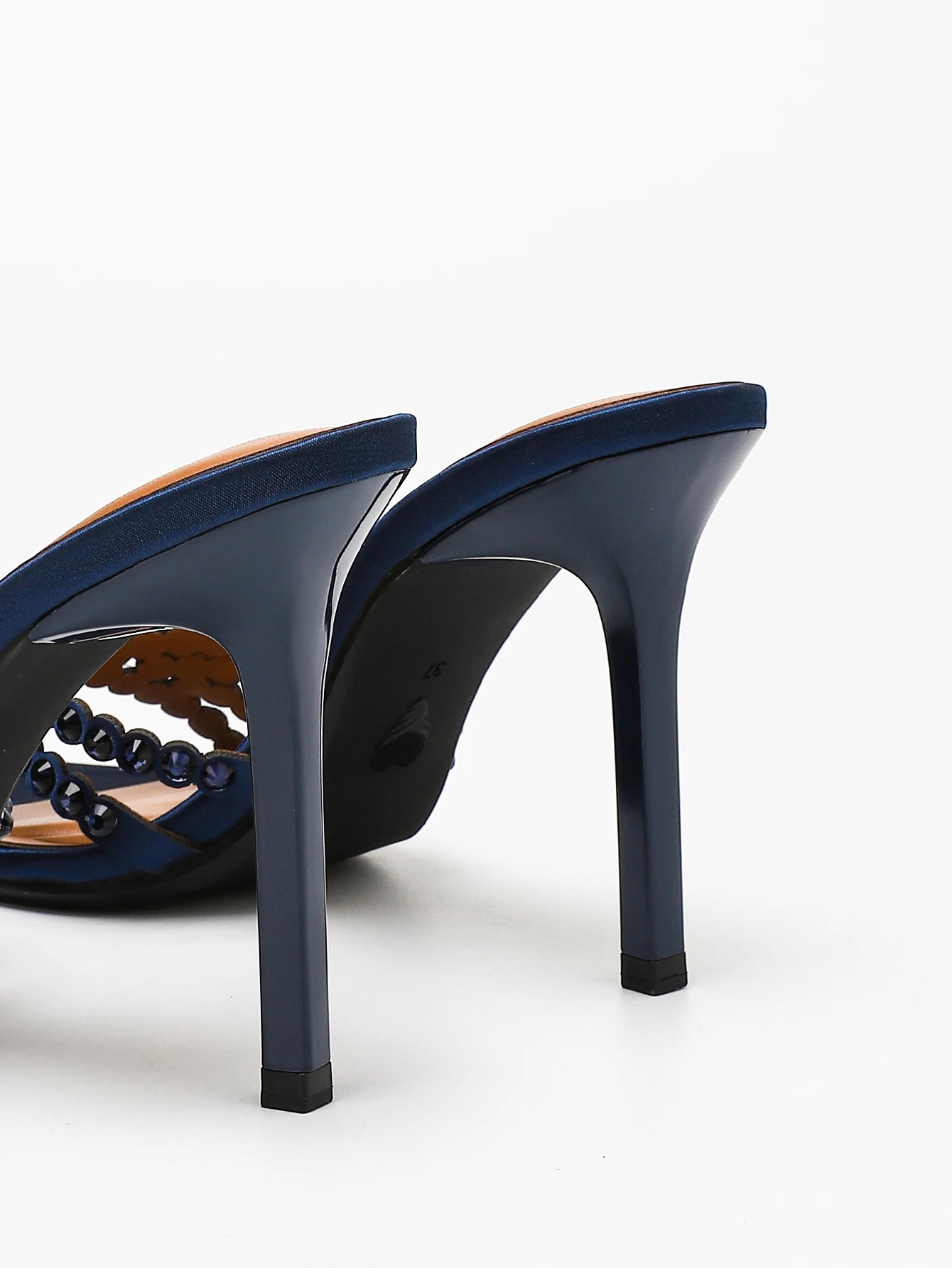 Marineblaue Satin-Sandalen für Damen mit Kristall-Strass-Riemen, eckiger Zehenpartie, Stiletto-Absatz, Mules für Hochzeitsfeier – Detail 6
