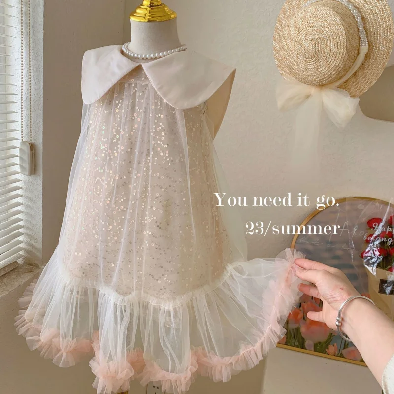 Girls lapel bow dress2024summer newtutuprincess dress Korean mesh sequin formal dress