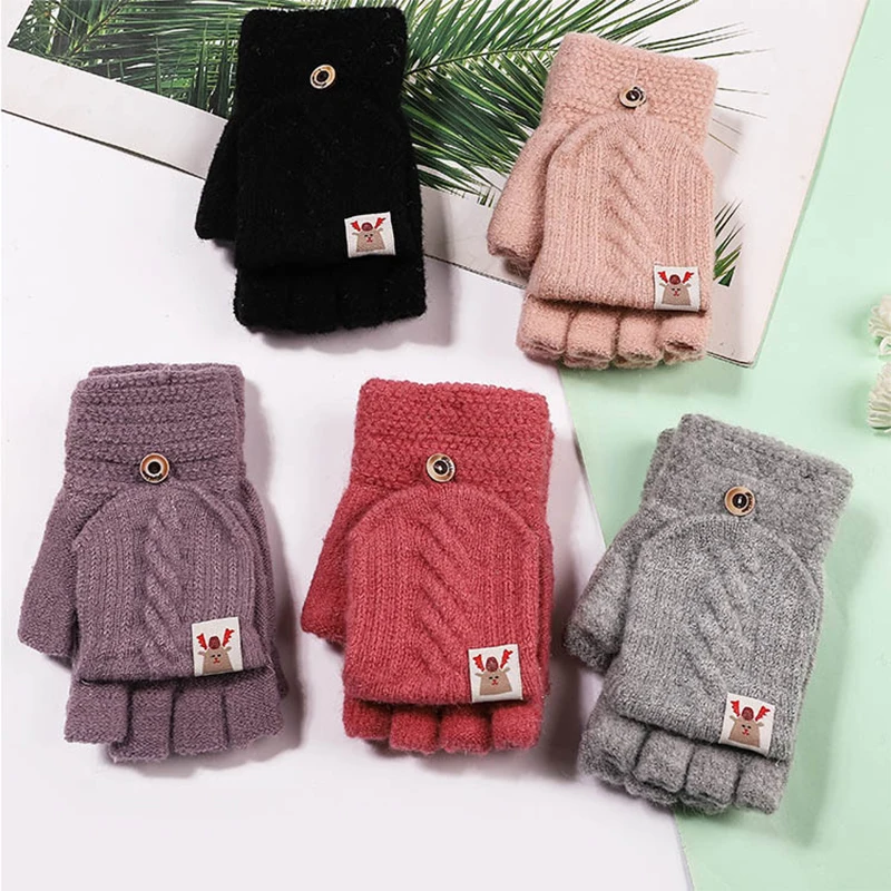 Winter Warm Knitted Half Finger Flip Gloves Fashion Knitted Woolen Autumn Winter Thick Gloves Thick & Warm Adult Gloves Women