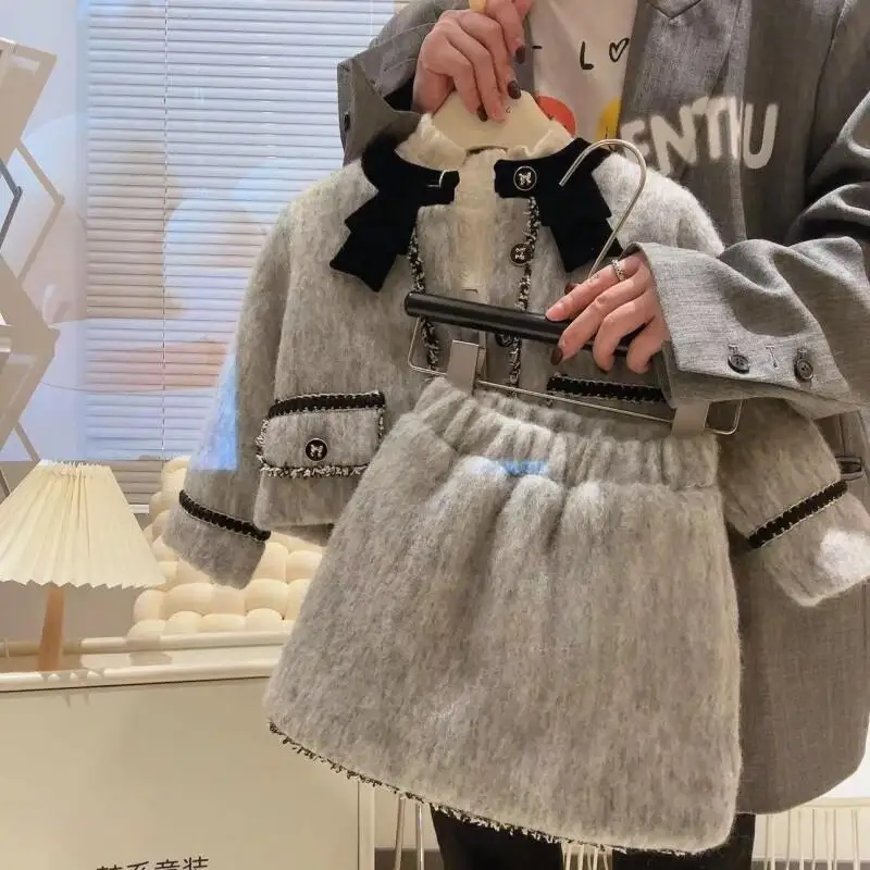 Spring 2025 New Girl Two Piece Set Princess Style Elegant Short Skirt Outfit for Spring Autumn Fashion Kids Clothing Casual Coat