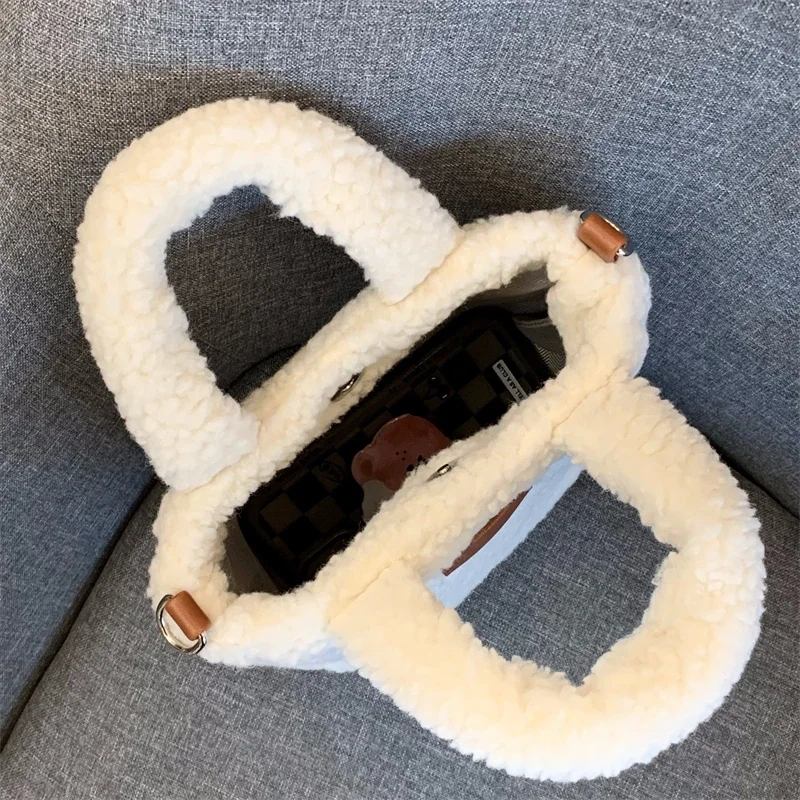 Faux Lamb Wool Women\'s Small Bucket Bags Winter Fashion Ladies Plush Shoulder Crossbody Bag Soft Furry Purse Female Handbags