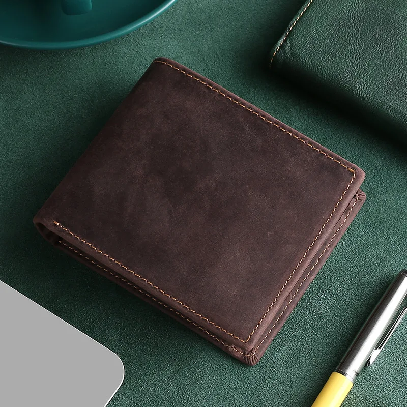 Men's RFID Blocking Cowboy Genuine Natural Crazy Horse Leather Bifold Wallet Vintage Handmade Credit Card Holder Coin Purse