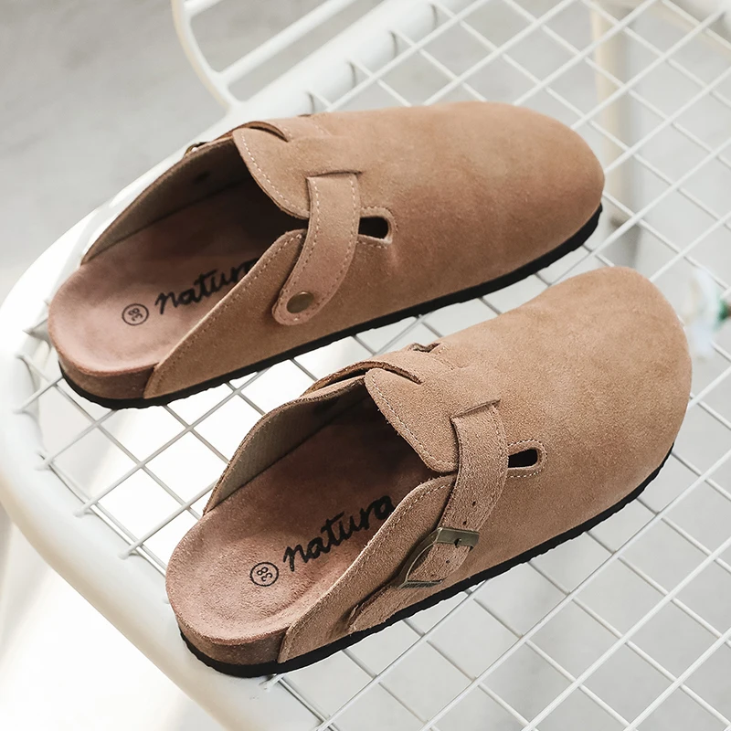 2023 Hot Popular Men\'s Closed Toe Cork Slippers Mule Clogs Cork Sandals For Men Split Leather Garden Slides Cork Shoes