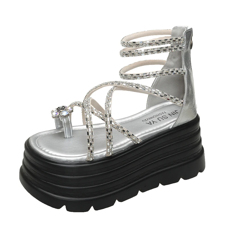 Sandalias de tacón alto de 8 cm con diamantes de imitación y puntera abierta para mujer, estilo hada, suela gruesa, sandalias romanas para faldas, nueva llegada de moda 2026
