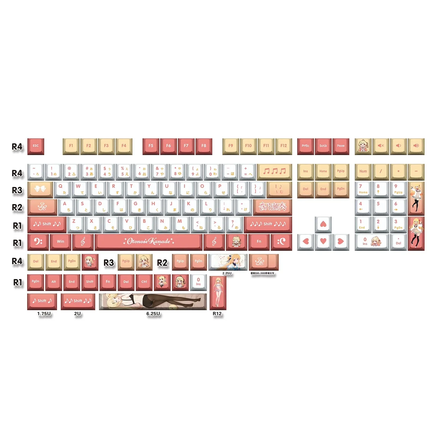 132 Keys Otonose Kanade Keycaps おとのせ かなで PBT Hololive Key Cap Dye-Sub Keycaps Anime Key Caps for ANSI Made68 Mad68 Wooting60