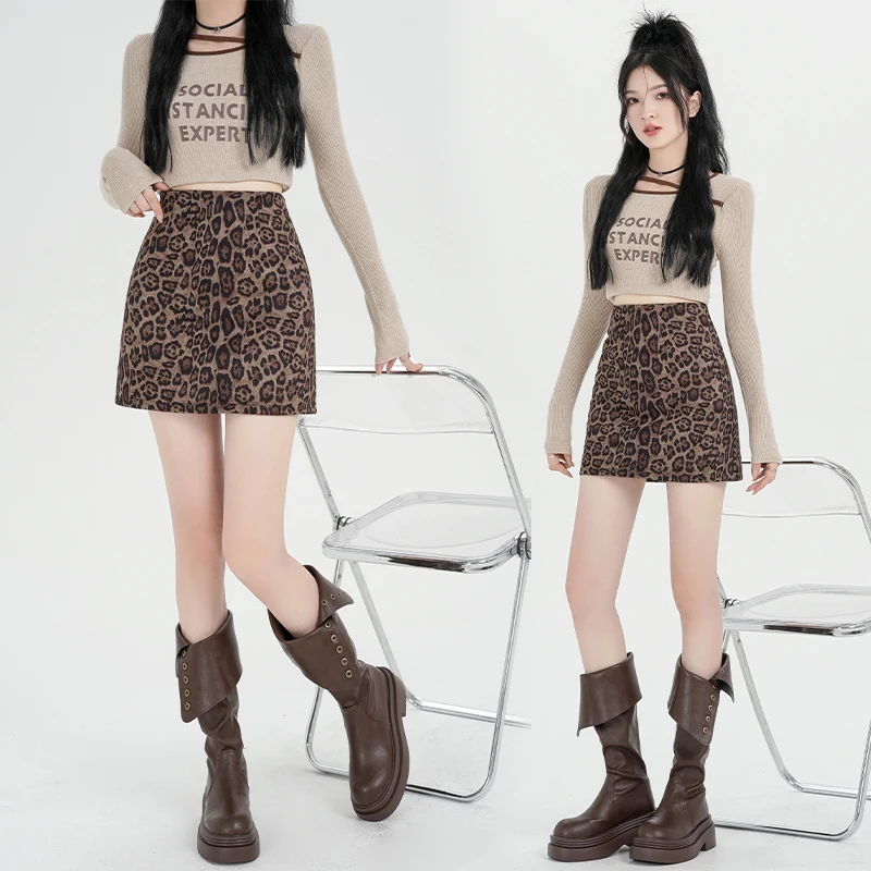 Y2K 레오파드 프린트 스커트 여성용 랩 미니 스커트 하이 웨이스트 슬림 핏 아메리칸 스타일 스파이시 걸 가을 겨울
