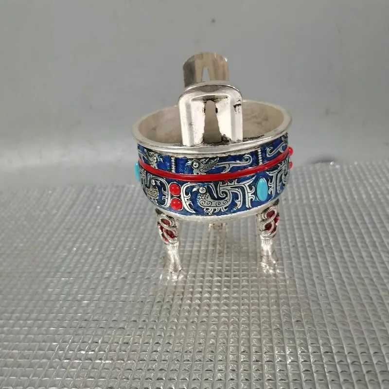 Silver-plated copper three-legged incense burner double handles, embossed dragon design, inlaid with gemstones, antique col