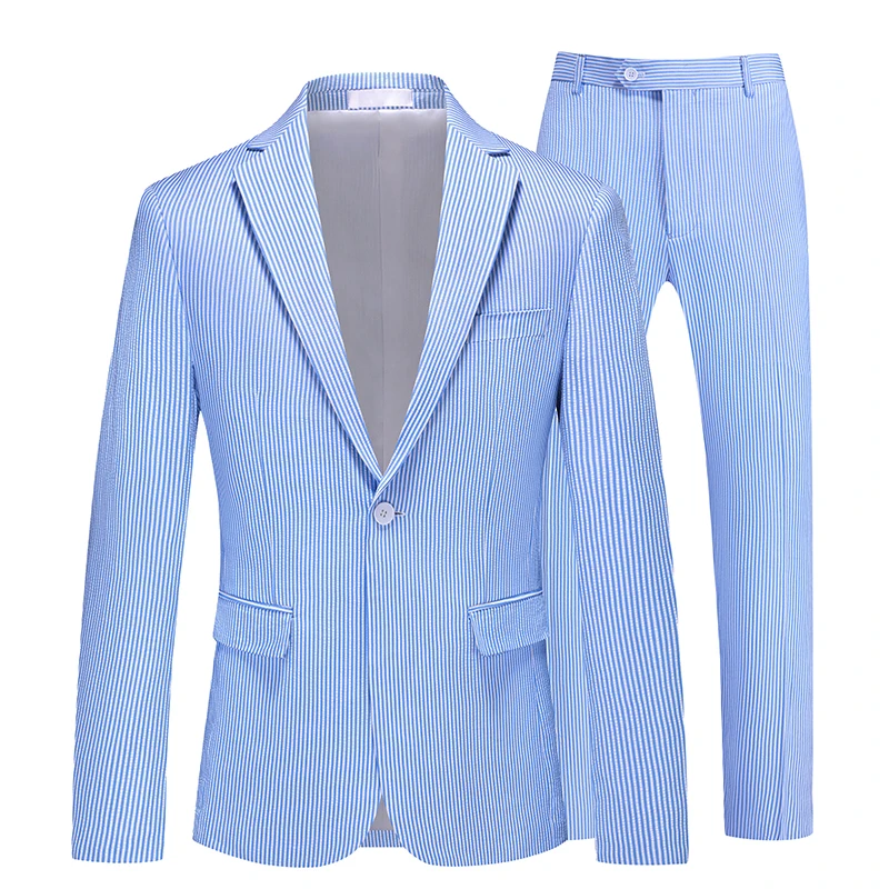 2026  New Spring/Summer Lightweight Breathable Fine Striped Foam Yarn Suits for Men, Multi Color Seersucker Men's Blazer + Pants