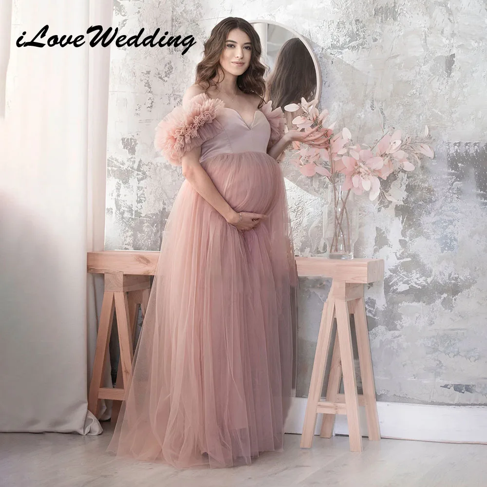 

IloveWedding Women Maternity Dresses for Photo Sweetheart Off Shoulder Prom Dress Puffy Sleeves Tulle Babyshower for Pregnancy