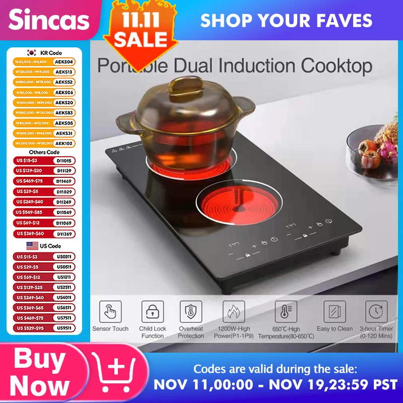 220\110V Eingebetteter Doppelkopf-Elektrokeramikherd Induktionsherd Vertikaler Doppelkopf-Lichtwellenherd mit Vollplatte