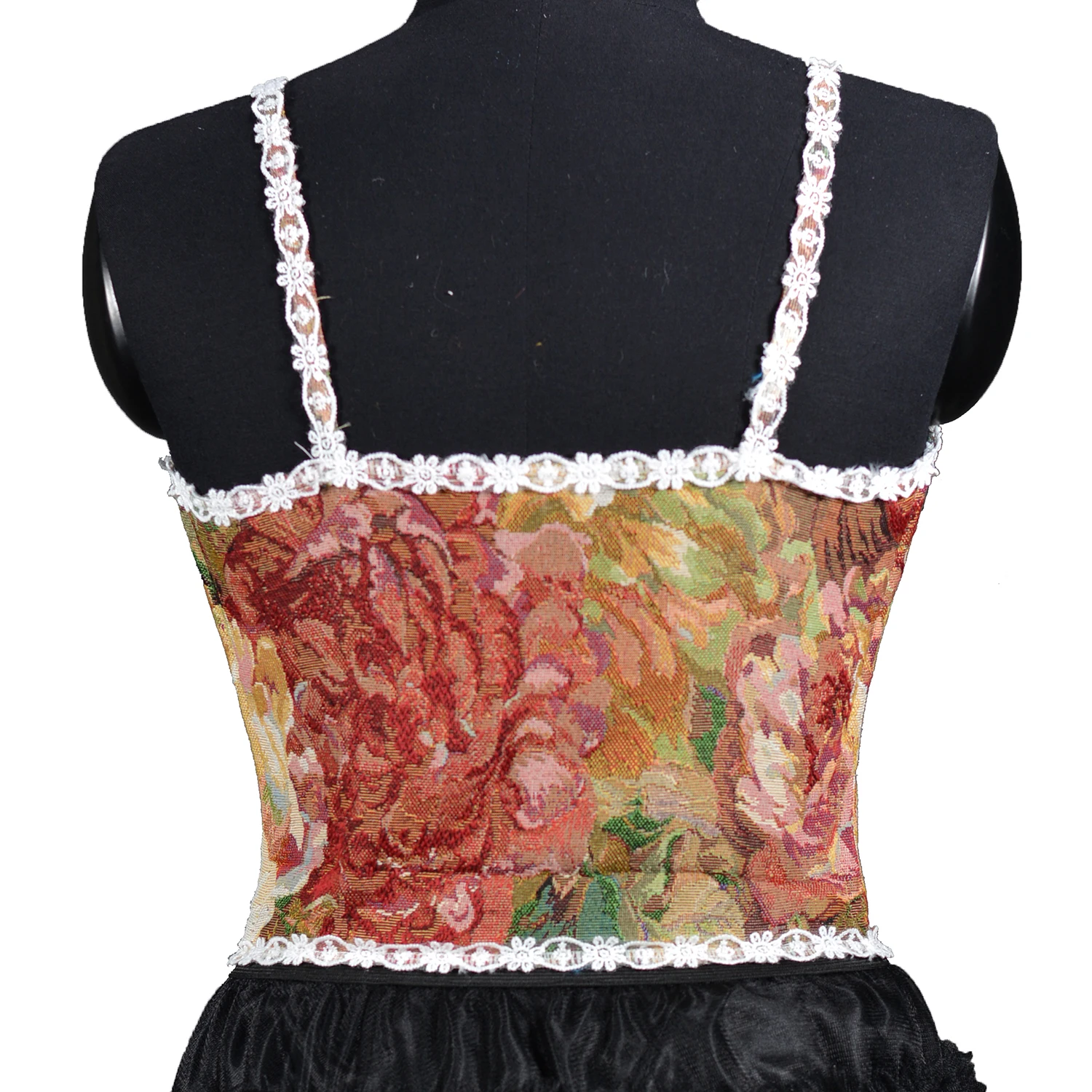 Vintage Boho Red Peony Corset  Red Ribbon Tie  Spaghetti Strap Crop Top