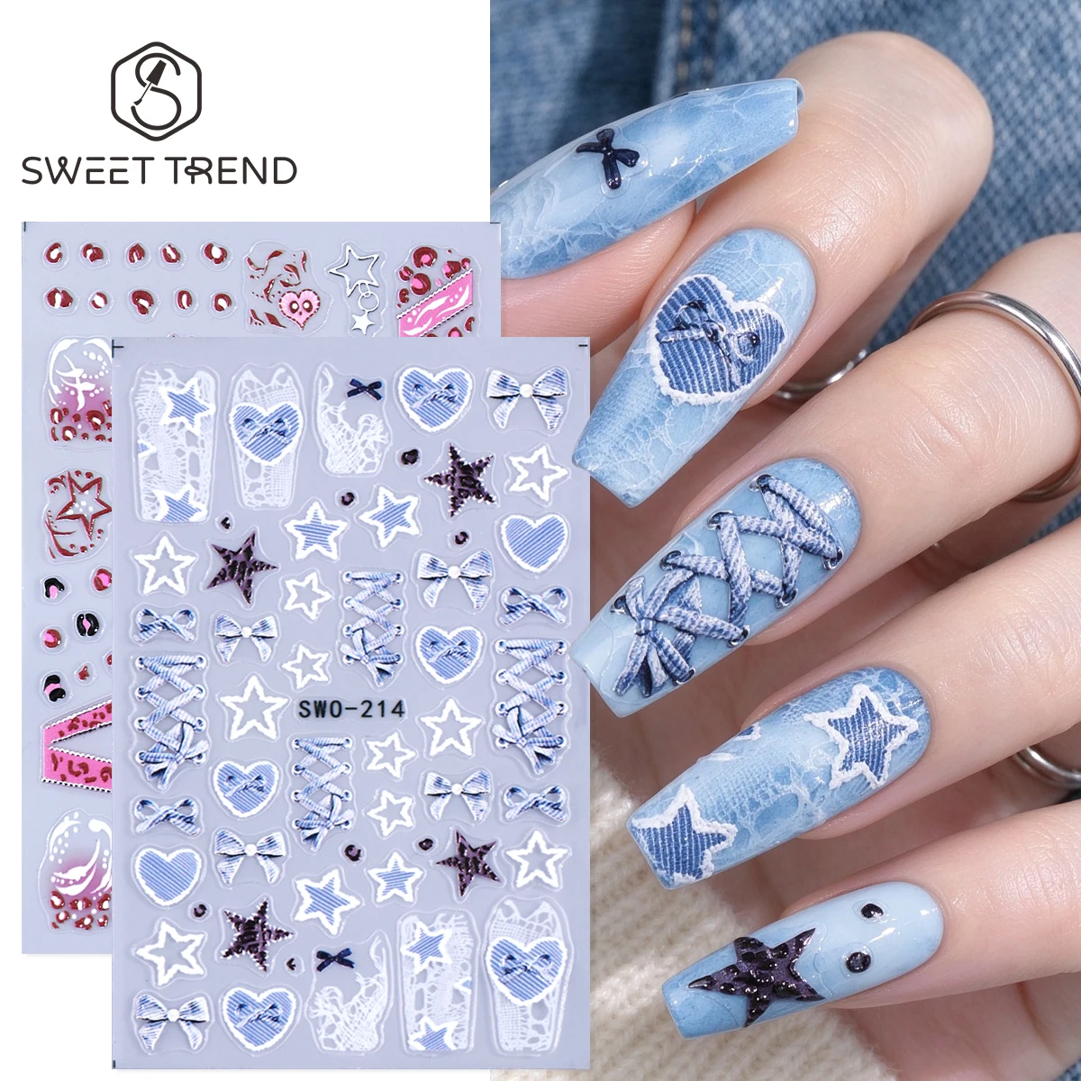 2pcs Sweet Y2K Matte Nail Stickers Jeans Blue Pink Star Lace Heart Bow Bandage Design Decals Cool Style Manicure Decor Nail Art