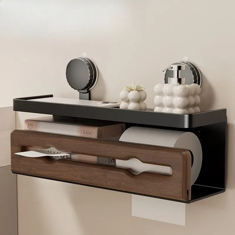 

Коробка для салфеток на присоске, держатель для салфеток из орехового дерева, без перфорации для хранения в ванной комнате, держатель для мобильного телефона, бумажная коробка из цельного дерева