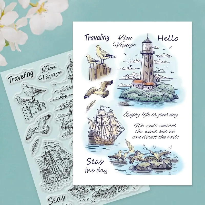 1Sheet Seagulls Lighthouses Clear Stamps Sailboats Silicone Stamps Wishing Words Transparent Rubber Seal Stamps for Card Making