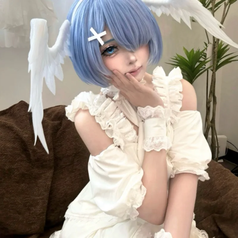 Ram Rem ReZero 코스프레 의상 흰색 잠옷 스위트 엔젤 파자마 레이스 트림 프릴 밑단 여성용 컨벤션