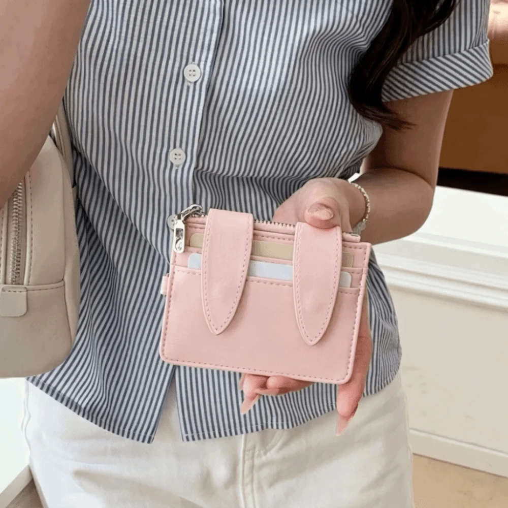 Glossy PU Leather Bunny Ear Card Holder Snap Button Multi Slots ID Card Case Multi-functional Polyester Lining Coin Purse Daily