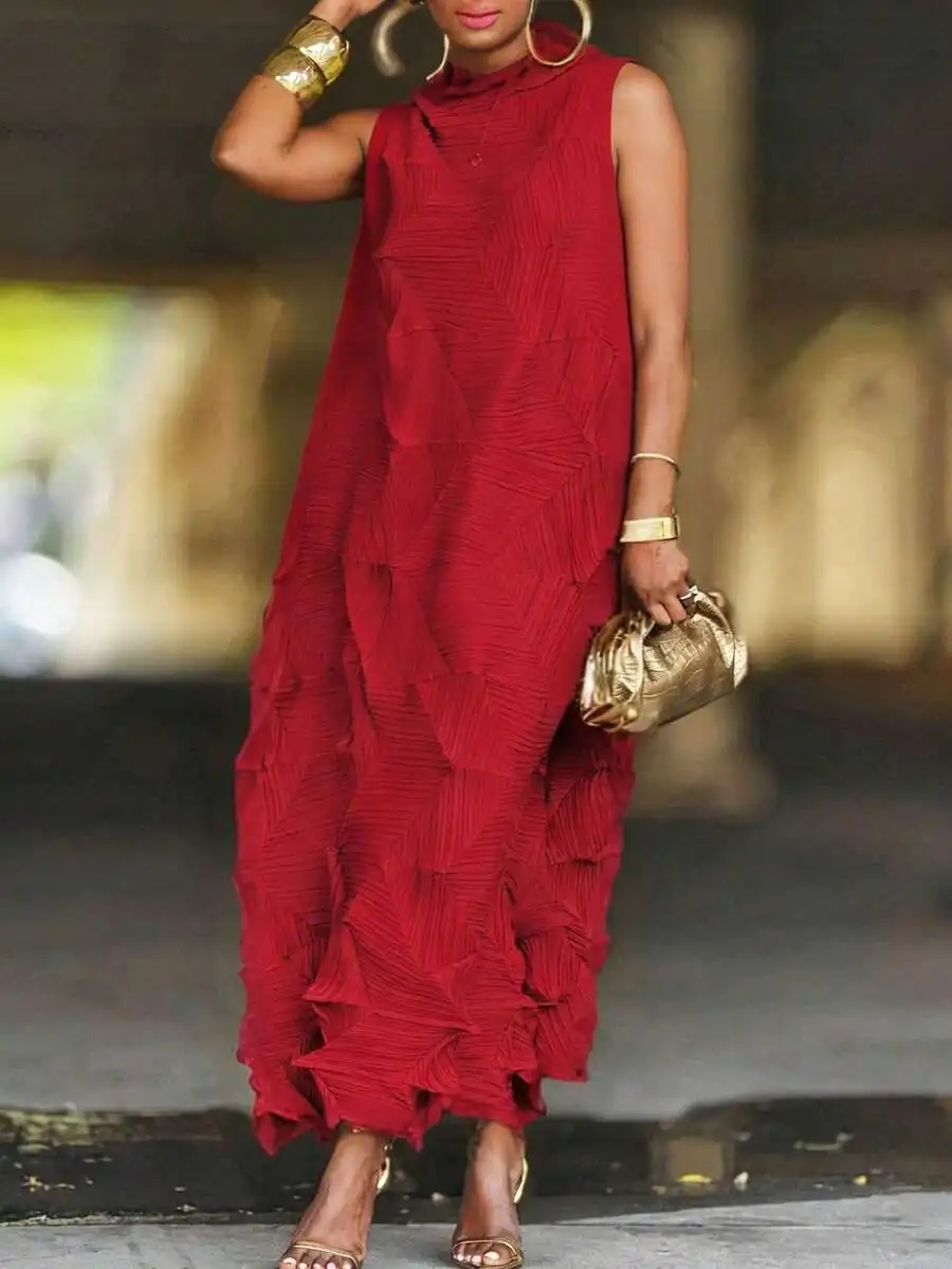 

Elegant Sleeveless High Neck Pleated Maxi Dress For Women