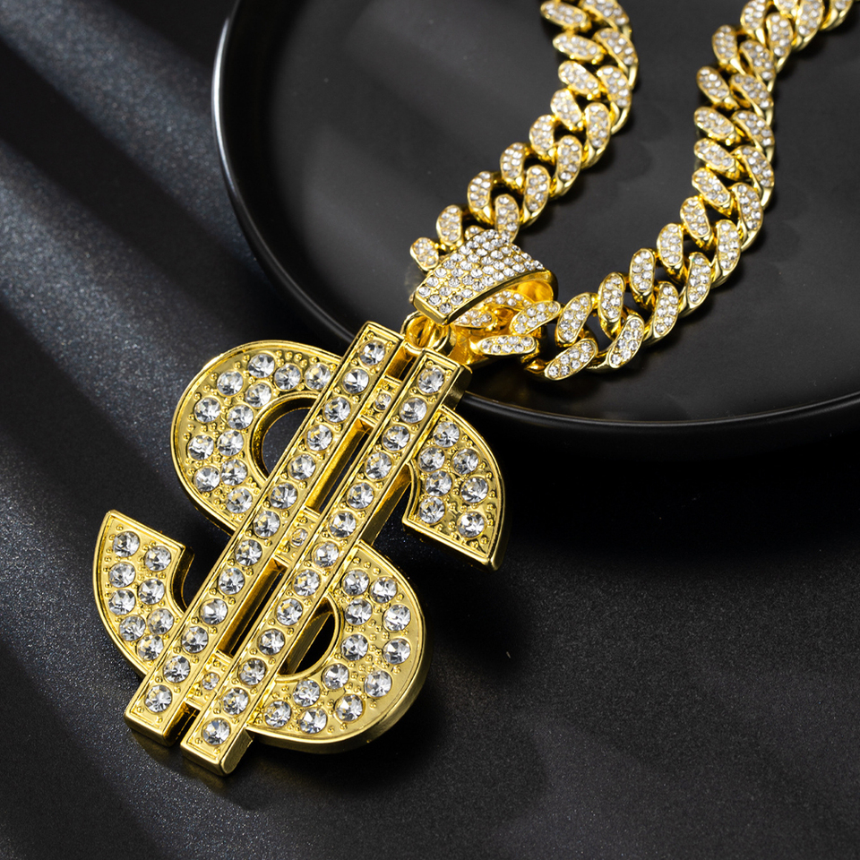  Fashion Hip Hop Dollar Pendant Necklace with 13mm Cuban Chain US Dollar Money Sign Necklaces Rap Rock Punk Jewelry For Man Gift 