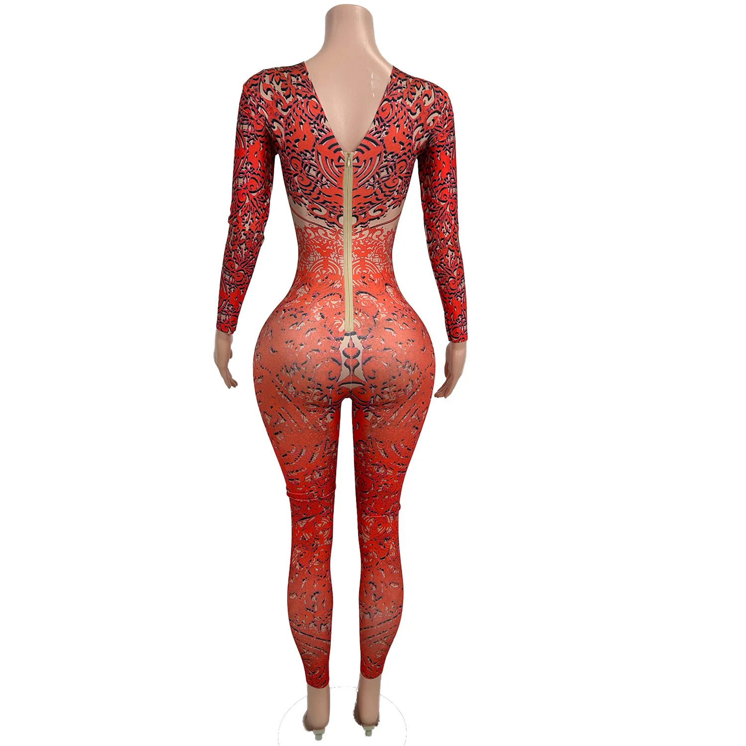 레드 패턴 라인스톤 무대 공연 점프수트 여성 드랙퀸 페스티벌 의상 클럽 의상 스판덱스 롬퍼 댄스 플레이수트