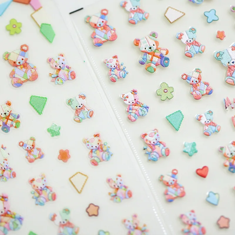 Cute Colorful Muppet Bear Cartoon Flower 5D Embossed Relief Self Adhesive Nail Art Sticker Popular Lovely Rabbit Manicure Decal