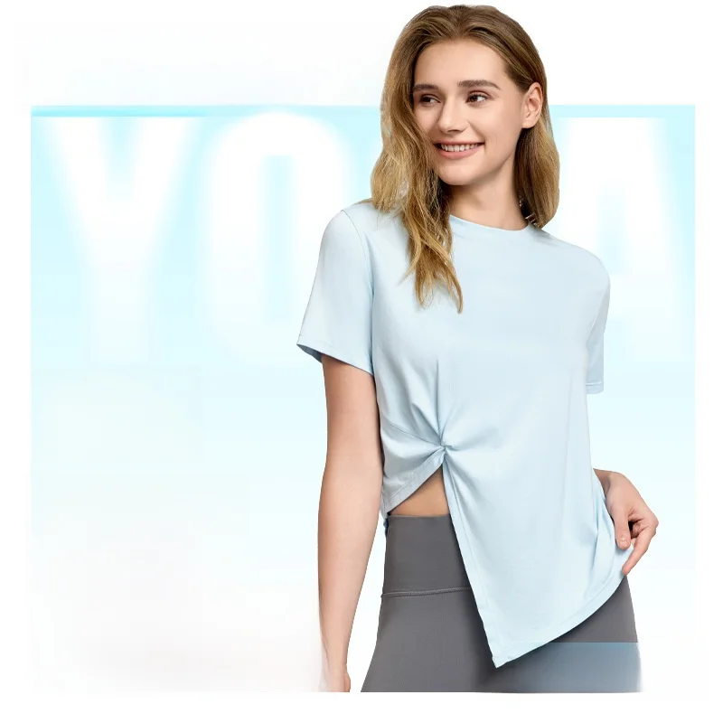 

Женский спортивный топ на весну и лето, свободная футболка с короткими рукавами и разрезом, дышащая тонкая ткань для бега, йоги, фитнеса