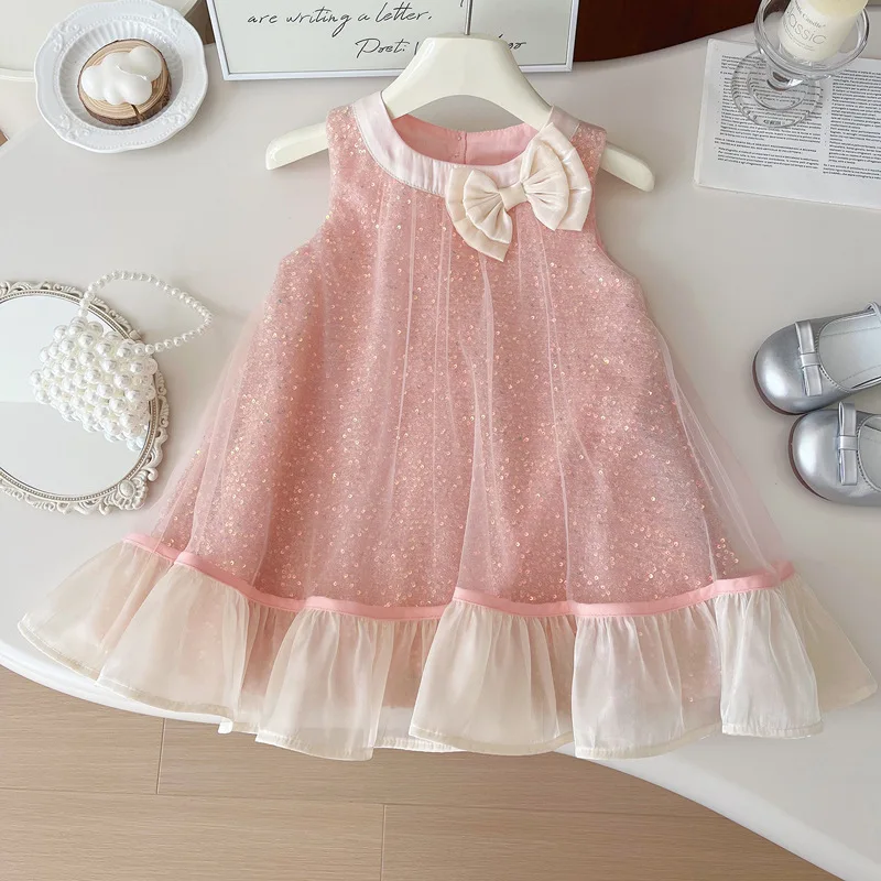 Girls Pink Dresses Shiny Sequins Pullover Vestidos Summer Fashion Soft A-line Loose Mesh Princess Frocks 1-8Y Kids Casual Dress