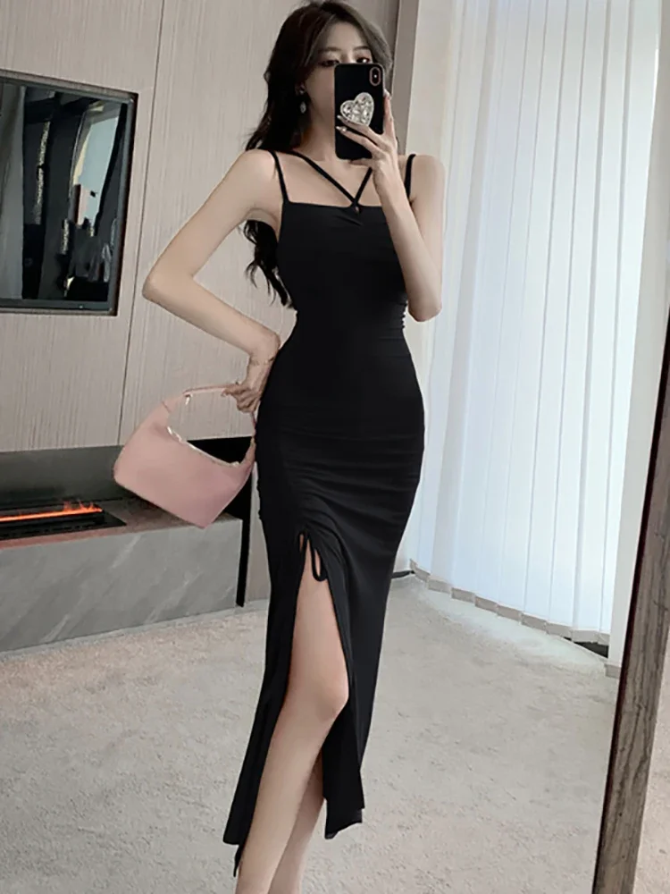 Women Fashion Chic Sling Sexy Dress Summer Korean Luxury Eveing Dress 2025 New Rose Red Elegant Bodycon Bandage Slit Long Dress