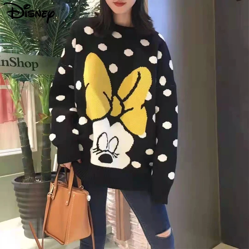 Disney 2022 New Arrival Top Fashion Beading Cotton O-neck Casual Cartoon Mickey Mouse Long Sleeve Loose Women Pullover Sweater