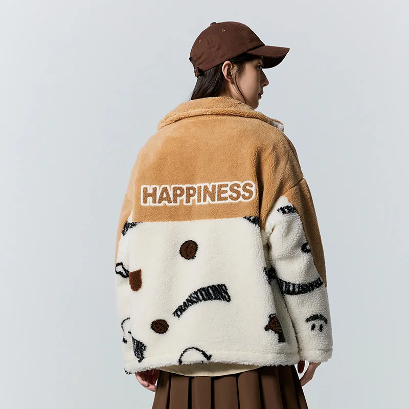 Semir Coat Women Mid-Length Oversize Imitation Lamb Wool Lettering Sweet Cool Winter Stand-Up Collar Color Matching Casual Coat